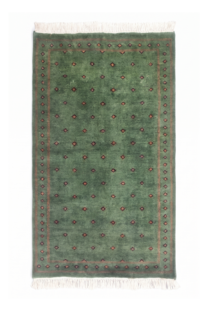Sage Green and Brown Dot-Grid, Hand-Knotted Wool Rug
