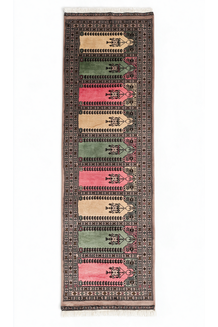 Taupe and Pink Three-Colour Saf, Hand-Knotted Wool Rug