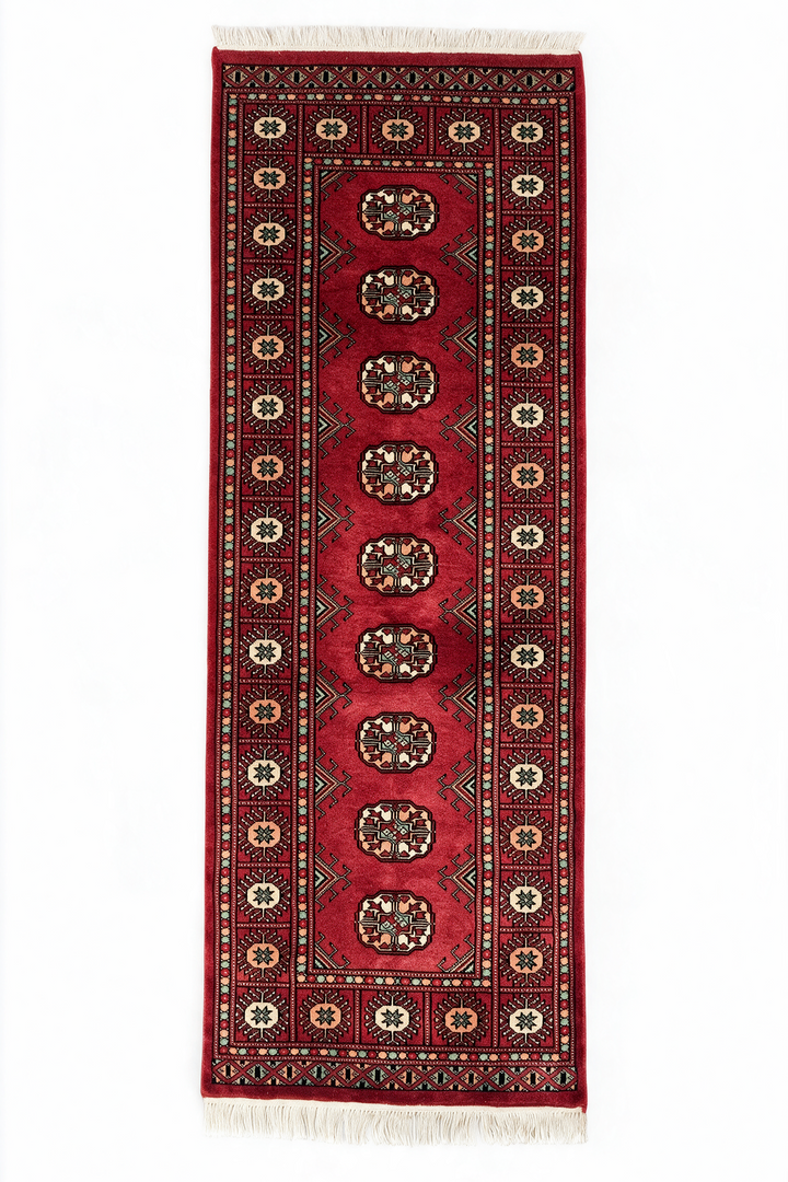 Ruby Red and Peach Turkmen Gül Bokhara, Hand-Knotted Wool Rug