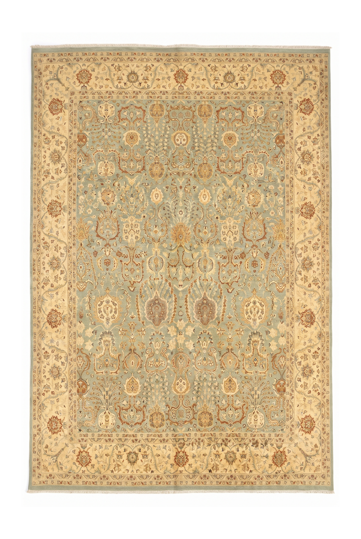 Pale Sage and Gold All-Over Floral Ghazni, Hand-Knotted Wool Rug