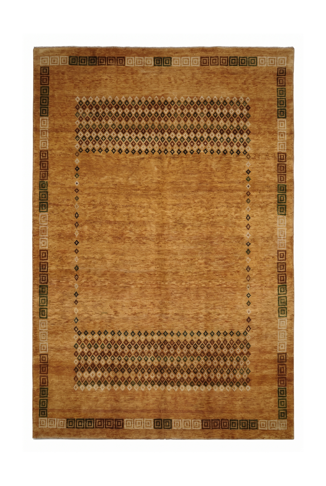 Amber and Brown Diamond Frame Loribaf, Hand-Knotted Wool Rug