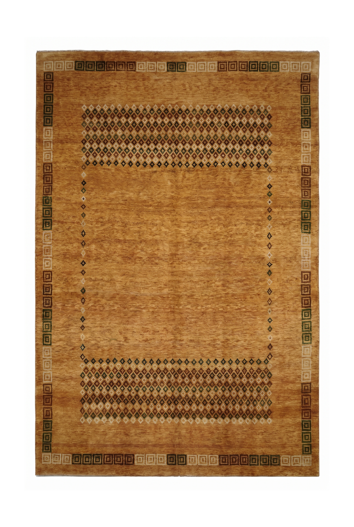 Amber and Brown Diamond Frame Loribaf, Hand-Knotted Wool Rug