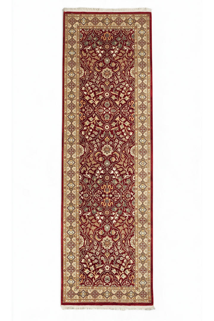 Deep Red and Cream Arabesque Lattice, Hand-Knotted Wool and Silk Rug