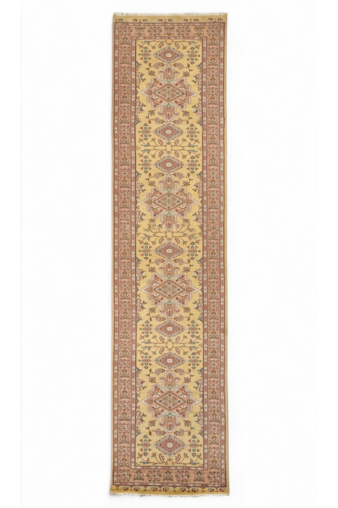 Wheat Gold and Rose Jaldar Alternating Medallion, Hand-Knotted Wool and Silk Rug