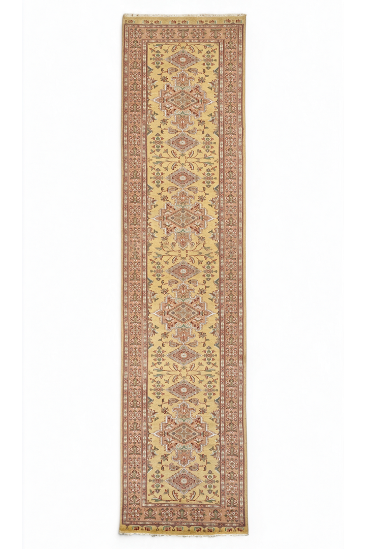 Wheat Gold and Rose Jaldar Alternating Medallion, Hand-Knotted Wool and Silk Rug