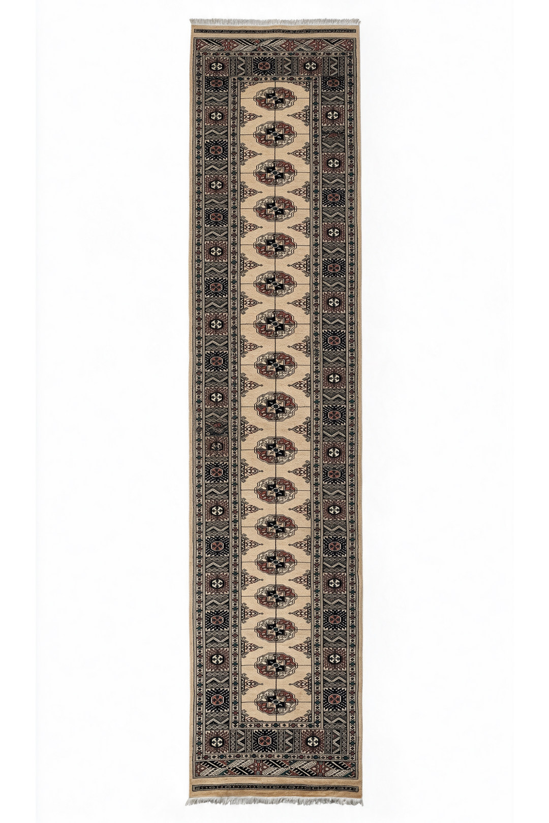 Camel and Navy Turkmen Gül Bokhara, Hand-Knotted Wool Rug