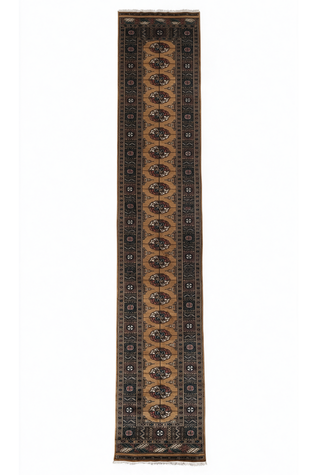 Camel and Teal Turkmen Gül Bokhara, Hand-Knotted Wool Rug