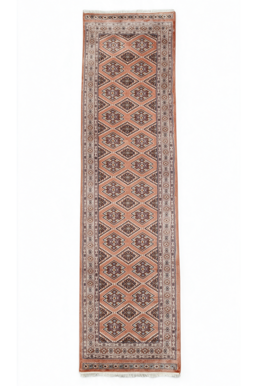 Salmon and Mauve Jaldar Alternating Lattice, Hand-Knotted Wool Rug