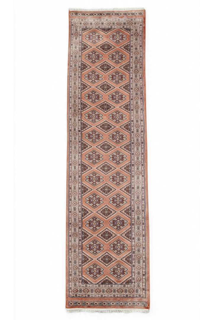 Salmon and Mauve Jaldar Alternating Lattice, Hand-Knotted Wool Rug