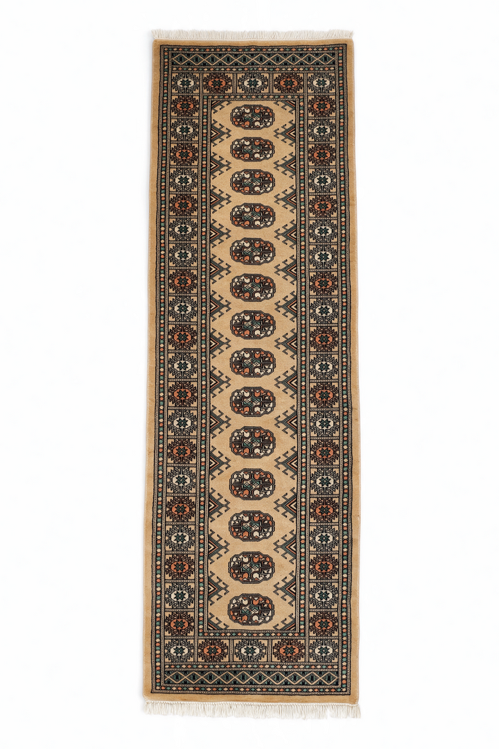 Camel and Sea Green Turkmen Gül Bokhara, Hand-Knotted Wool Rug