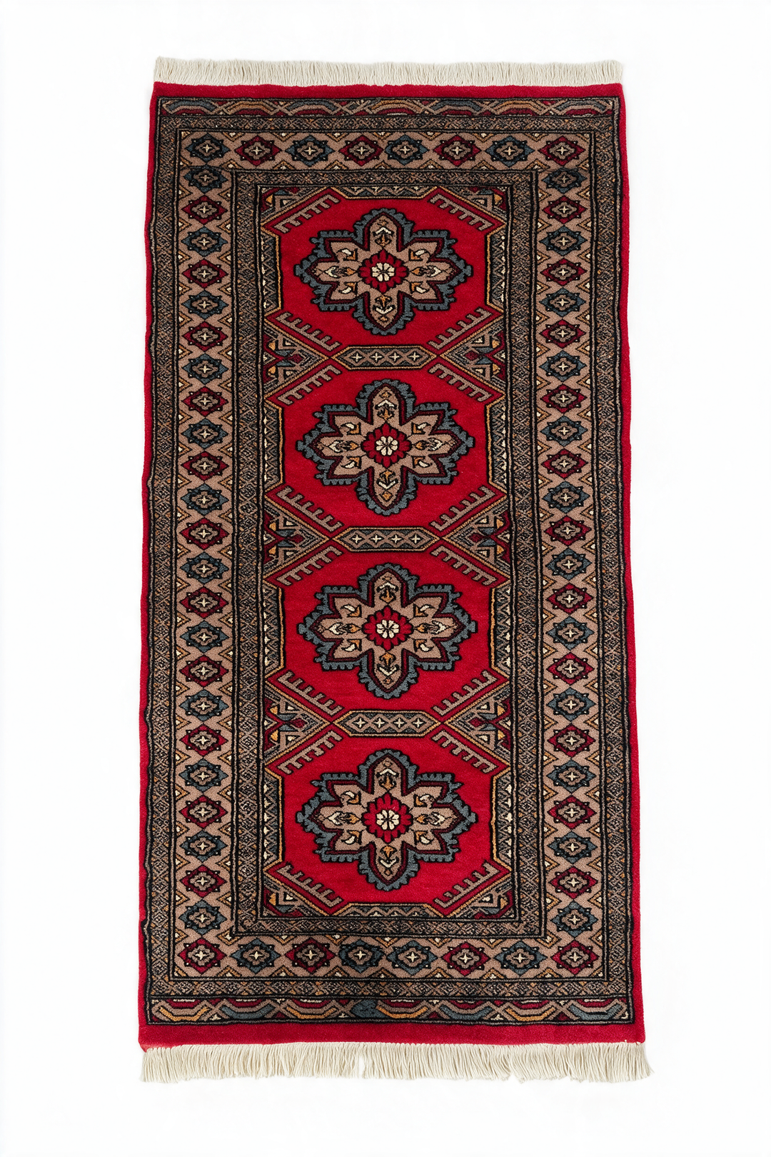 Crimson and Taupe Rosette Medallion, Hand-Knotted Wool Rug
