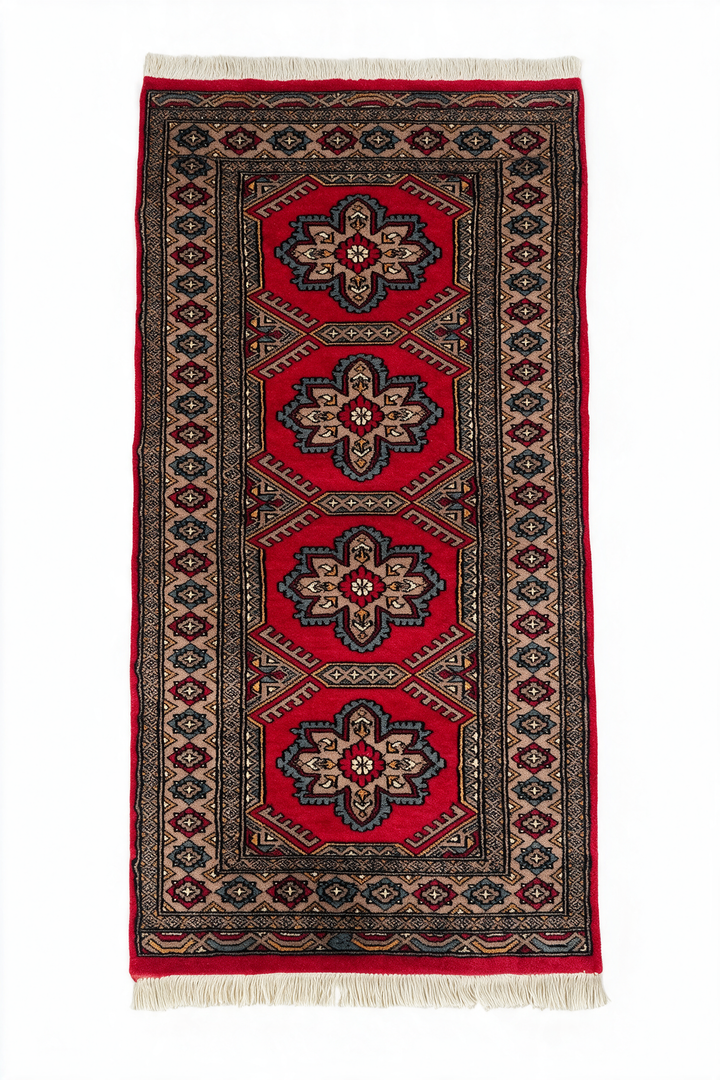 Crimson and Taupe Rosette Medallion, Hand-Knotted Wool Rug