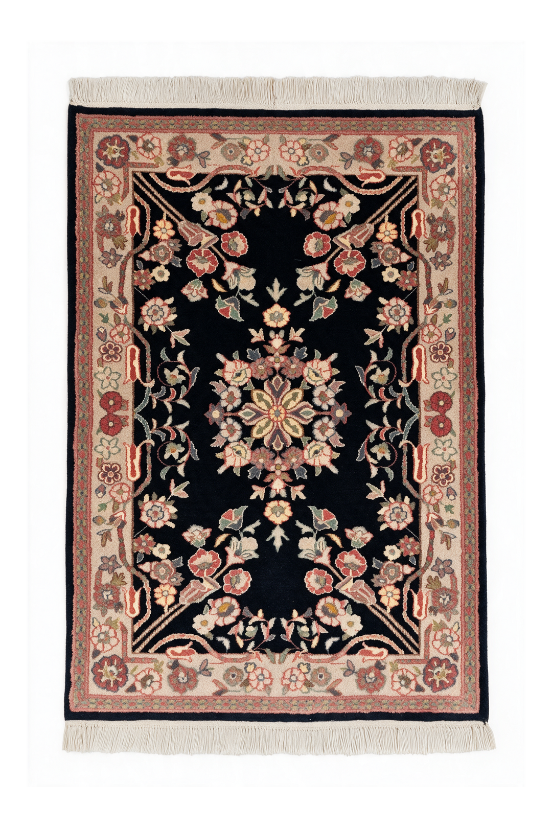 Black and Cream Kashan Floral Medallion, Hand-Knotted Wool Rug