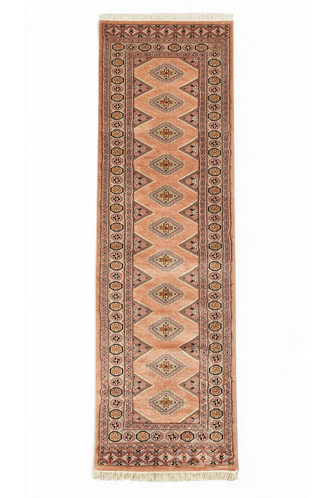 Salmon and Mauve Jaldar Diamond Gül, Hand-Knotted Wool and Silk Rug