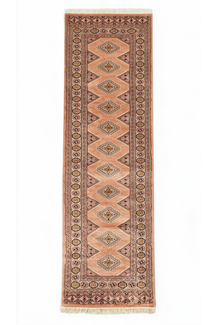 Salmon and Mauve Jaldar Diamond Gül, Hand-Knotted Wool and Silk Rug