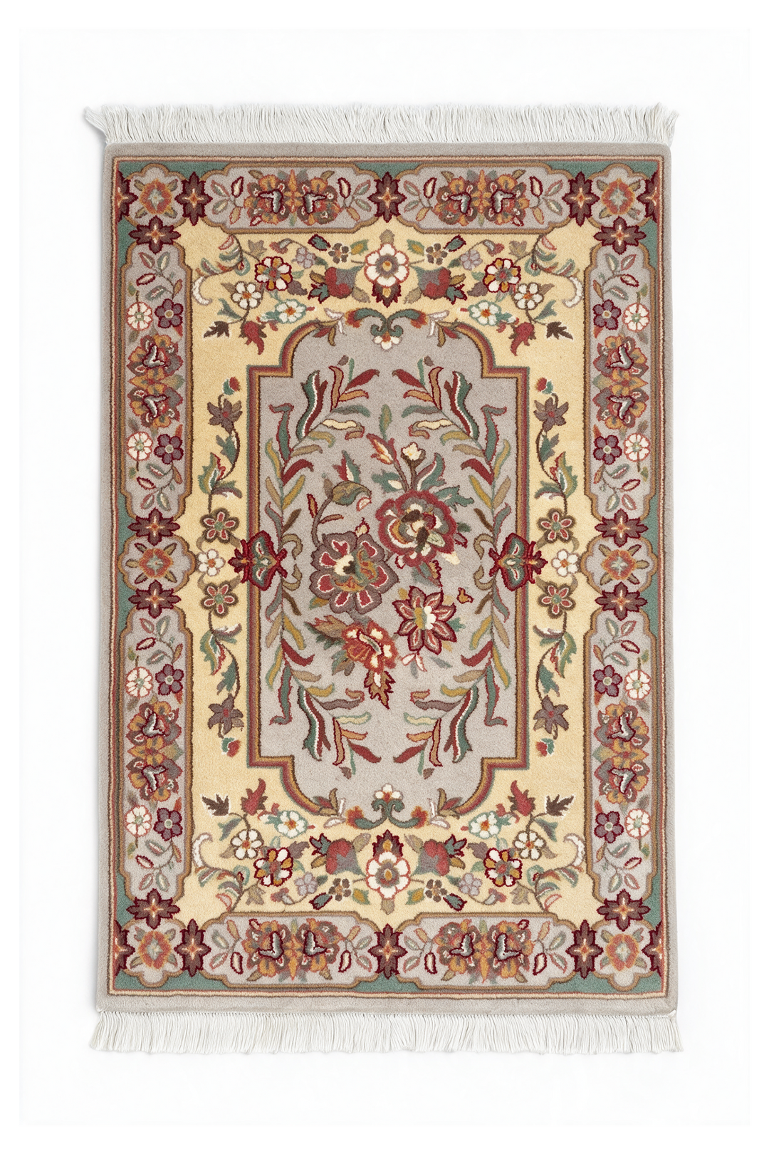 Gold and Grey French Floral Panel, Hand-Knotted Wool Rug