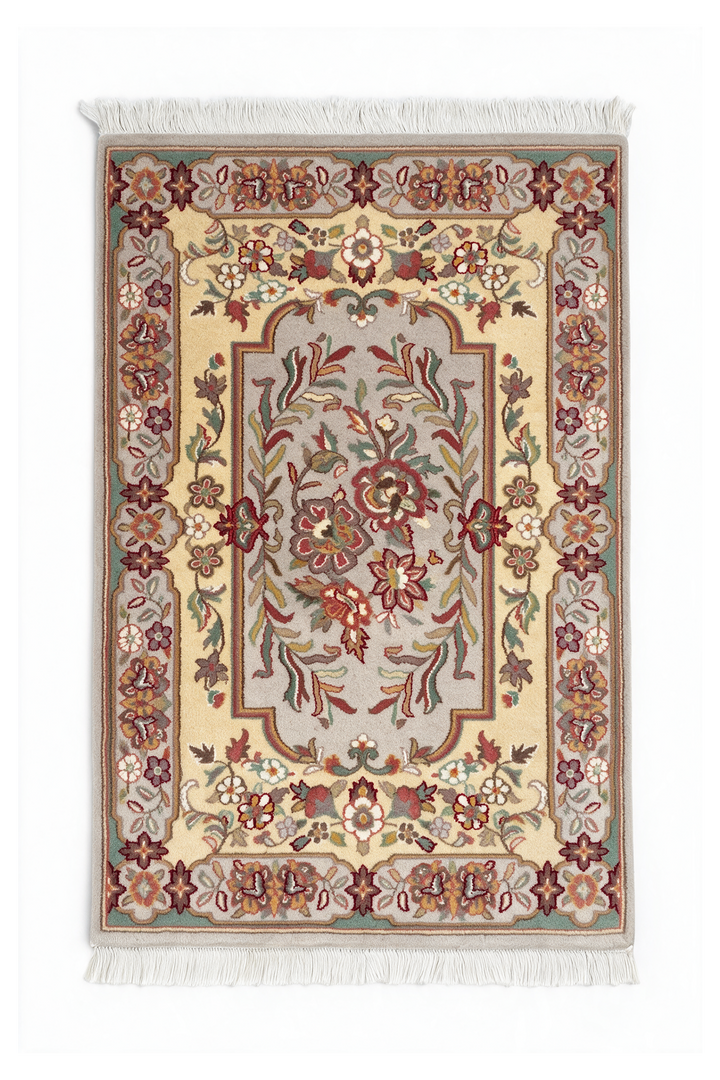 Gold and Grey French Floral Panel, Hand-Knotted Wool Rug