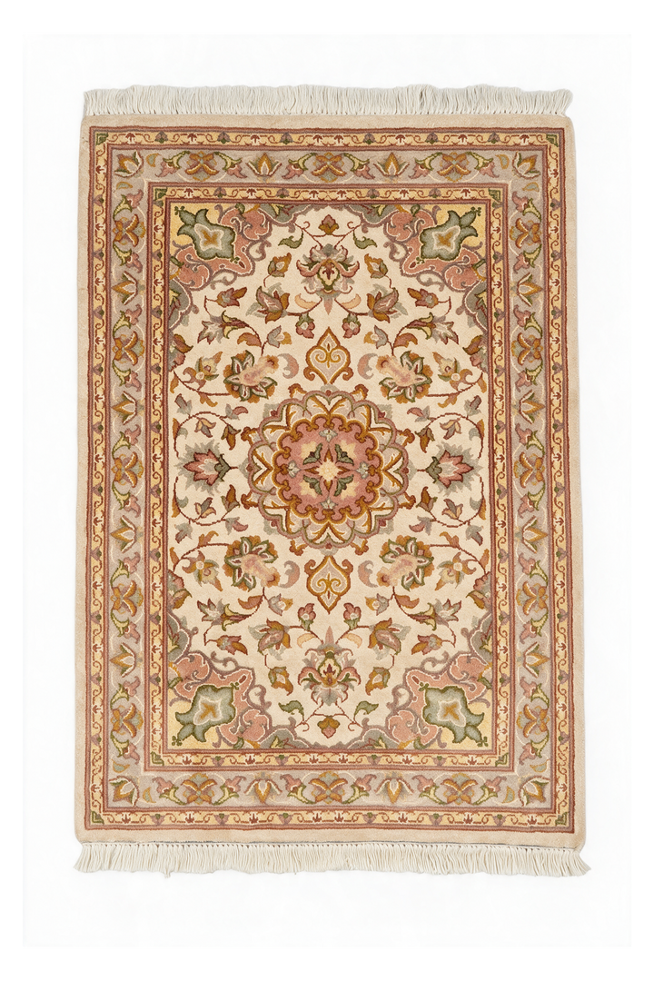 Ivory and Coral Medallion Tabriz, Hand-Knotted Wool and Silk Rug