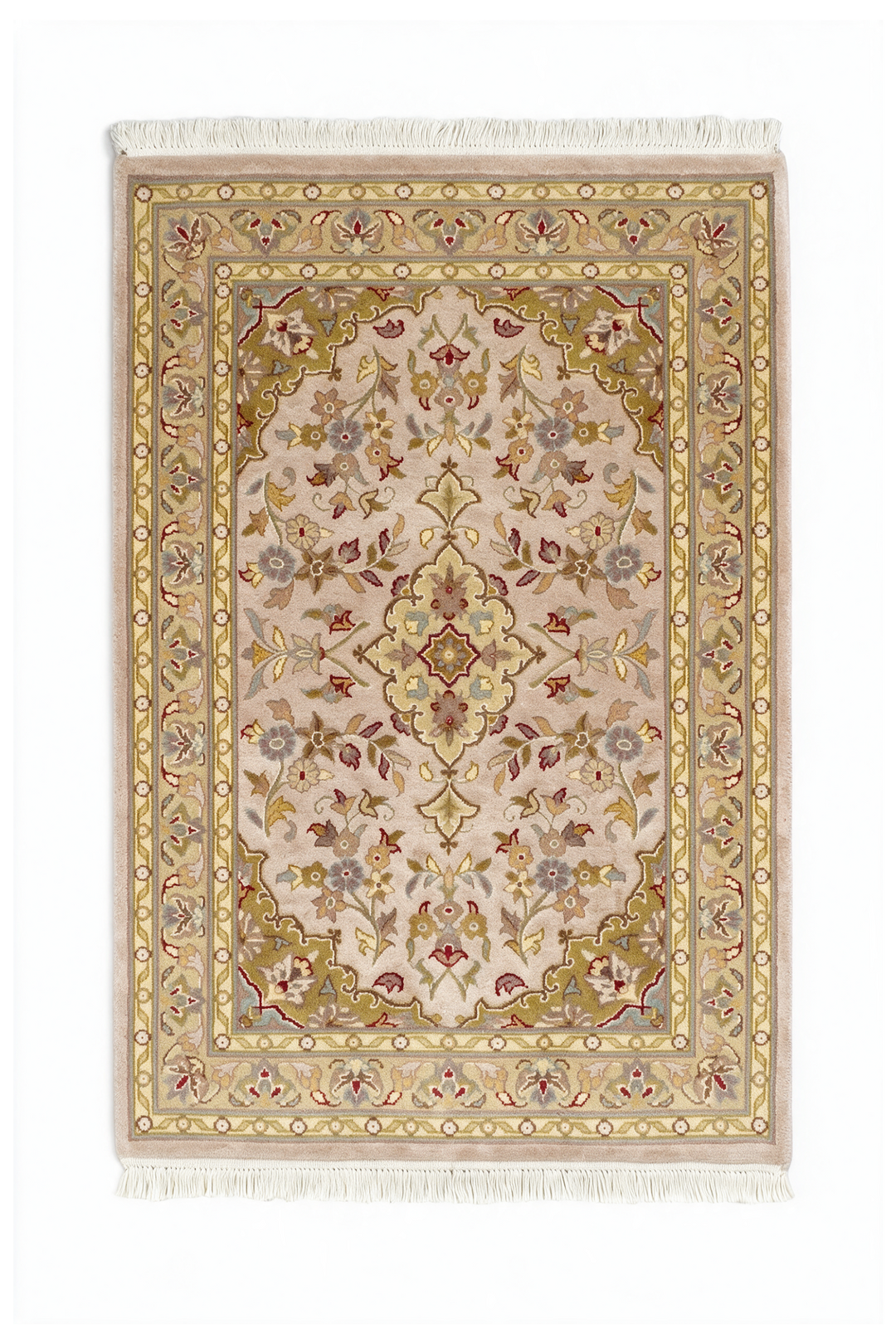 Blush and Olive Gold Medallion Tabriz, Hand-Knotted Wool and Silk Rug