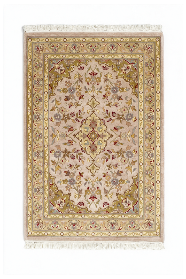 Blush and Olive Gold Medallion Tabriz, Hand-Knotted Wool and Silk Rug