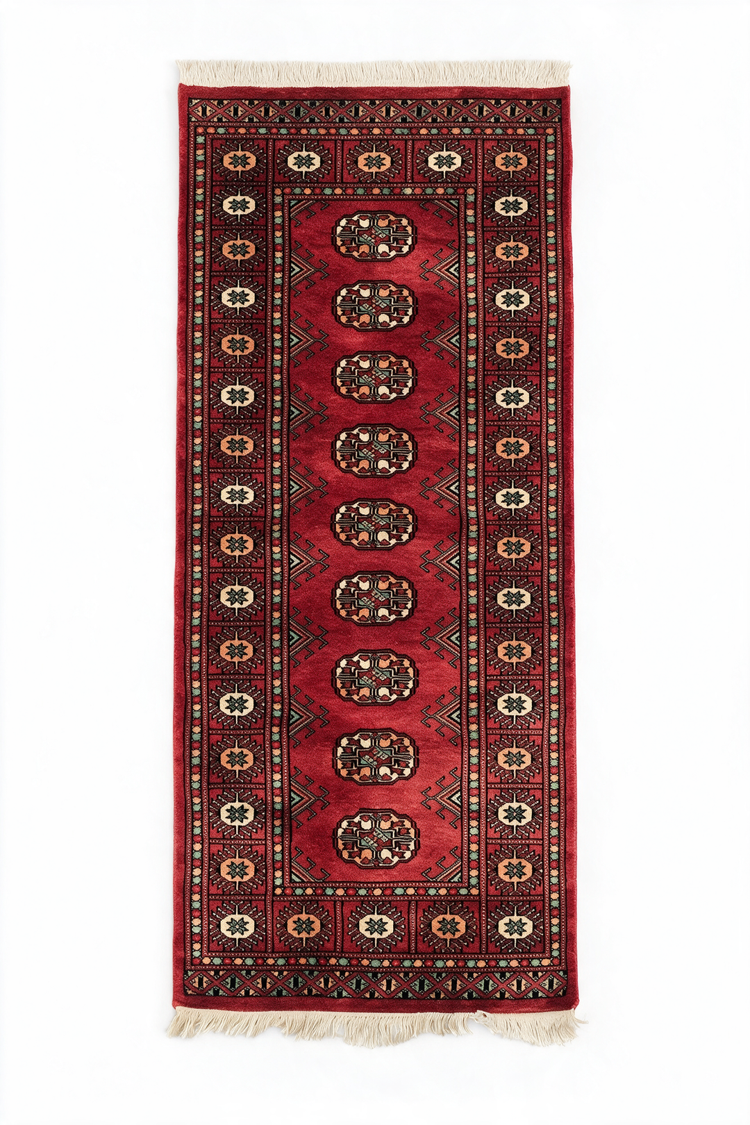 Red and Salmon Turkmen Gül Bokhara, Hand-Knotted Wool Rug