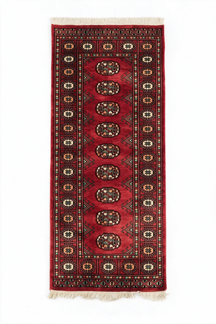 Red and Salmon Turkmen Gül Bokhara, Hand-Knotted Wool Rug