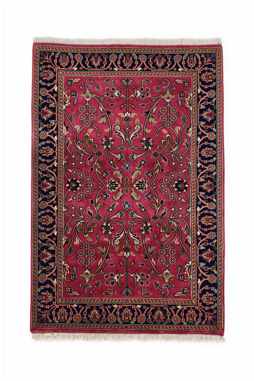 Magenta and Navy Hereke Floral, Hand-Knotted Wool Rug