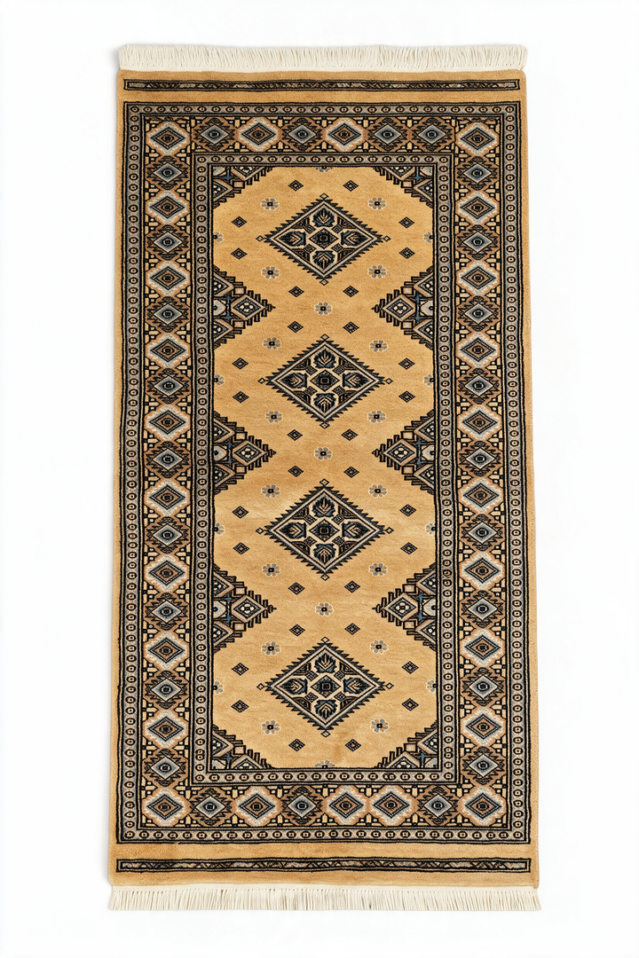 Honey Gold and Espresso Jaldar Diamond Medallion, Hand-Knotted Wool Rug