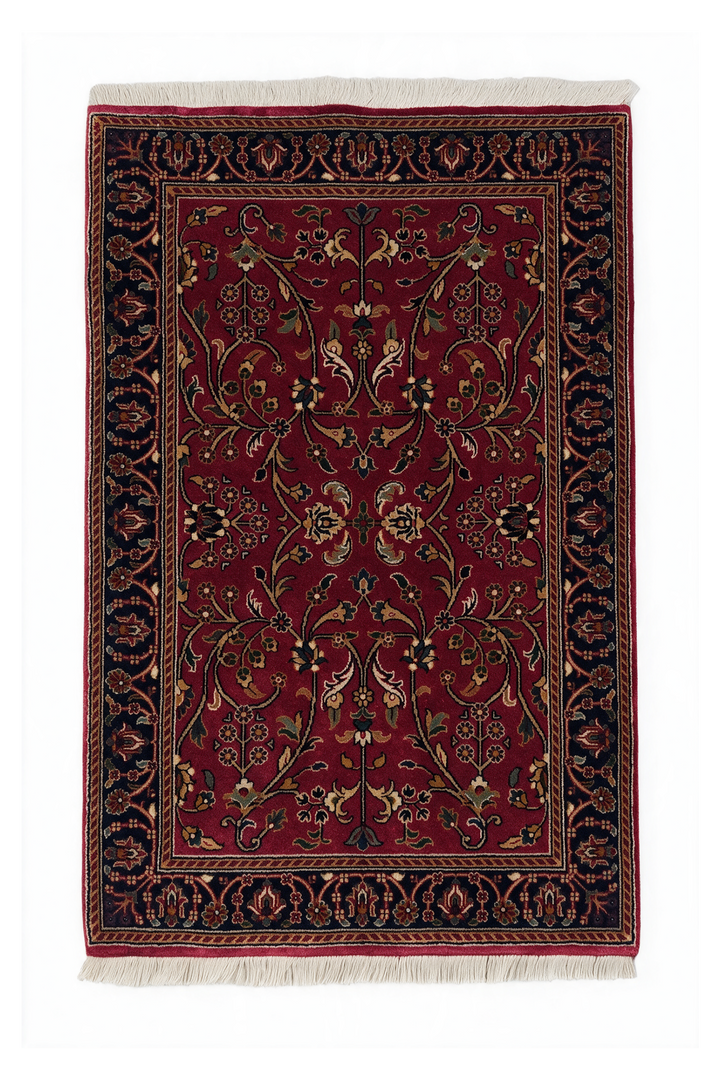 Oxblood and Navy Hereke Floral, Hand-Knotted Wool Rug