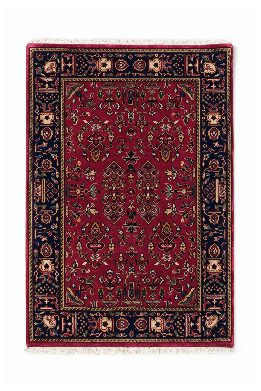 Madder Red and Indigo Sarouk Garden Floral, Hand-Knotted Wool Rug