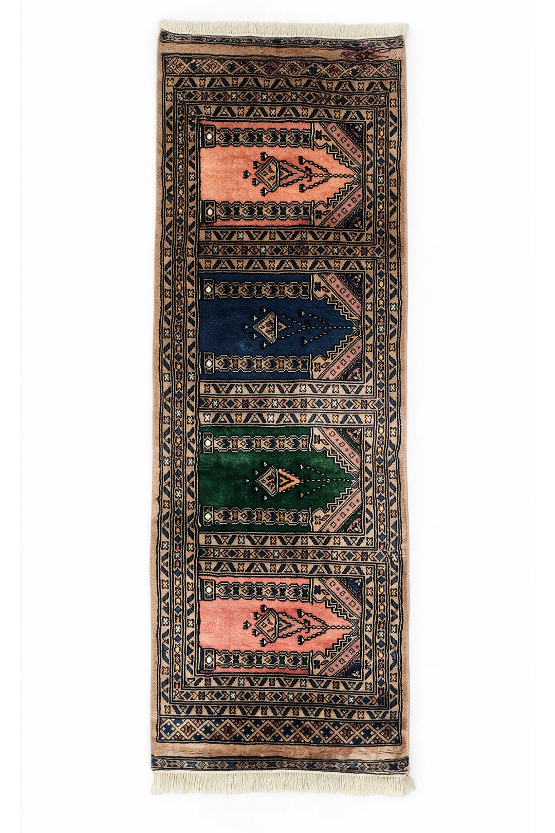 Camel and Salmon Saf Prayer Design, Hand-Knotted Wool Rug