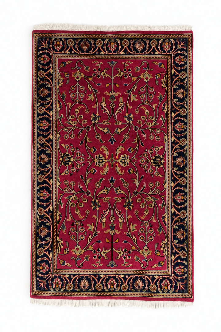 Crimson and Indigo Sarouk Floral, Hand-Knotted Wool Rug