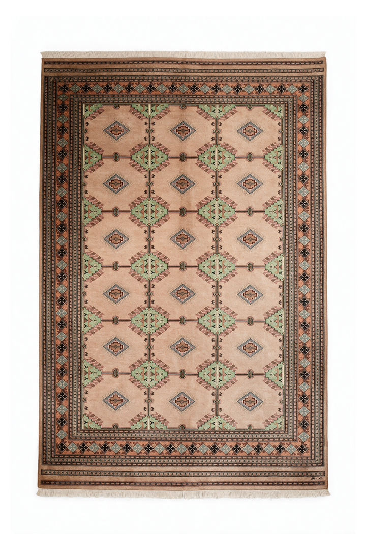 Blush Camel and Sage Alternating Lattice, Hand-Knotted Wool Rug
