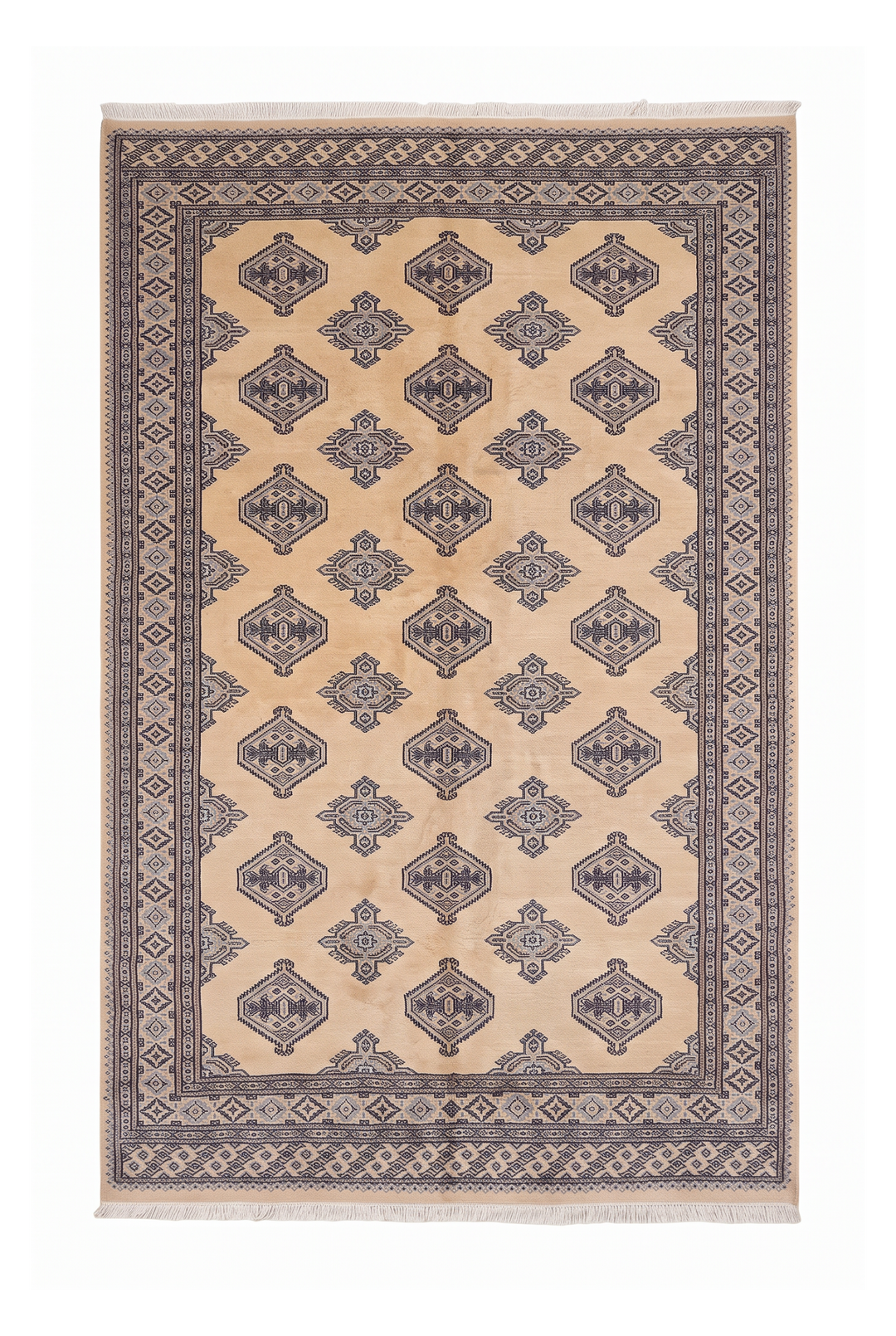 Ivory and Slate Grey Jaldar Diamond Gül, Hand-Knotted Wool Rug