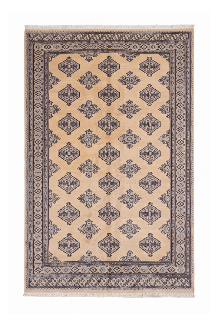 Ivory and Slate Grey Jaldar Diamond Gül, Hand-Knotted Wool Rug