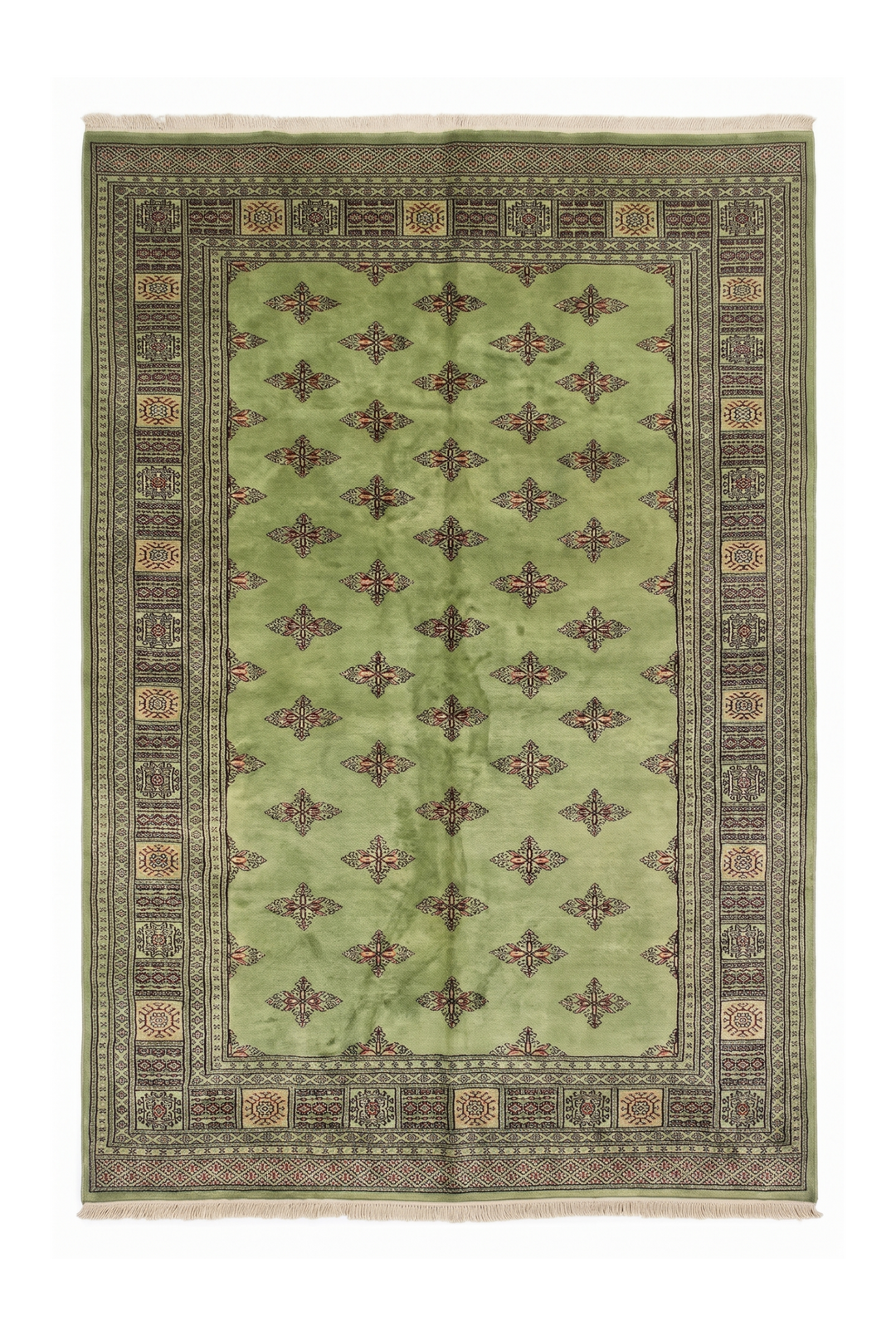 Olive Green Open Field Bokhara, Hand-Knotted Wool Rug