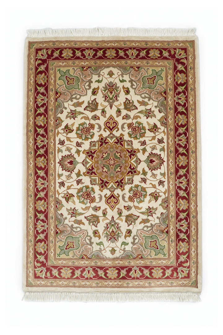 Ivory and Deep Red Tabriz Cloud Band Medallion, Hand-Knotted Wool and Silk Rug