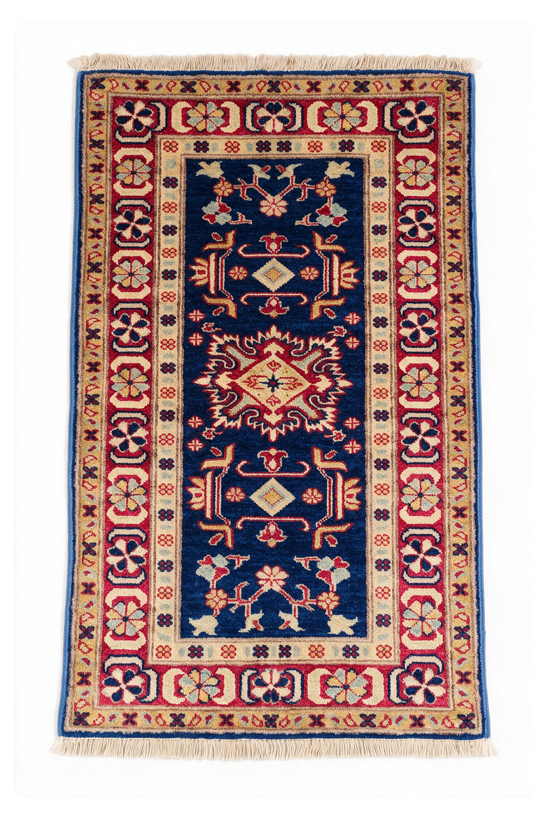 Navy and Red Caucasian Medallion Rug, Hand-Knotted Sherwan