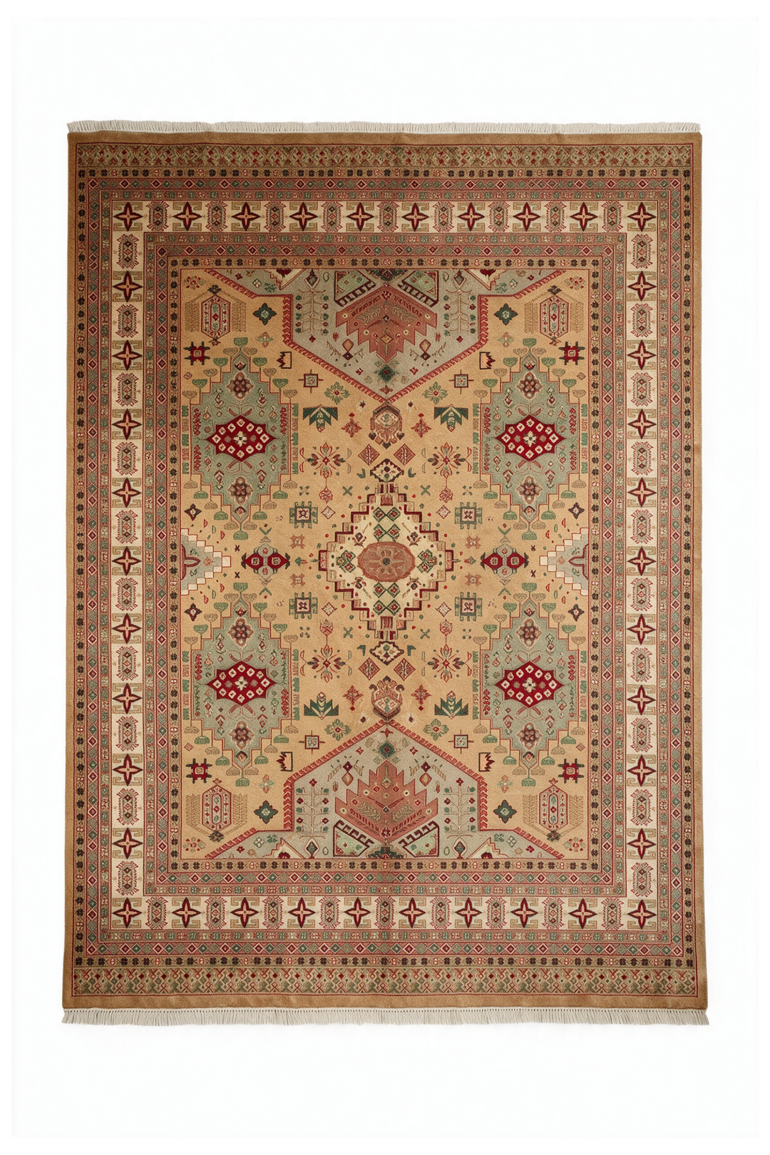 Camel and Coral Caucasian Medallion, Hand-Knotted Wool Rug