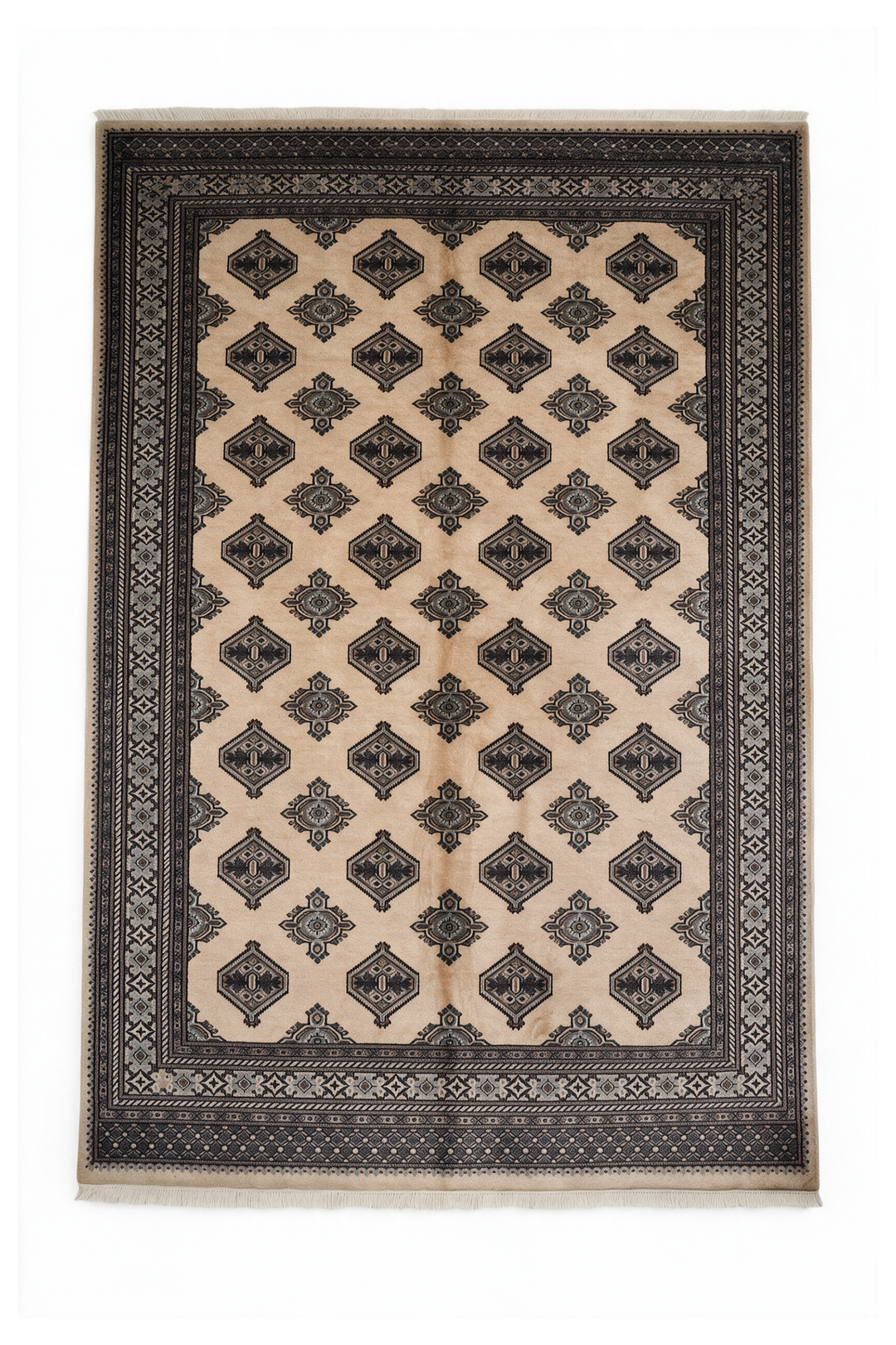 Cream and Espresso Turkmen Gül Bokhara, Hand-Knotted Wool Rug