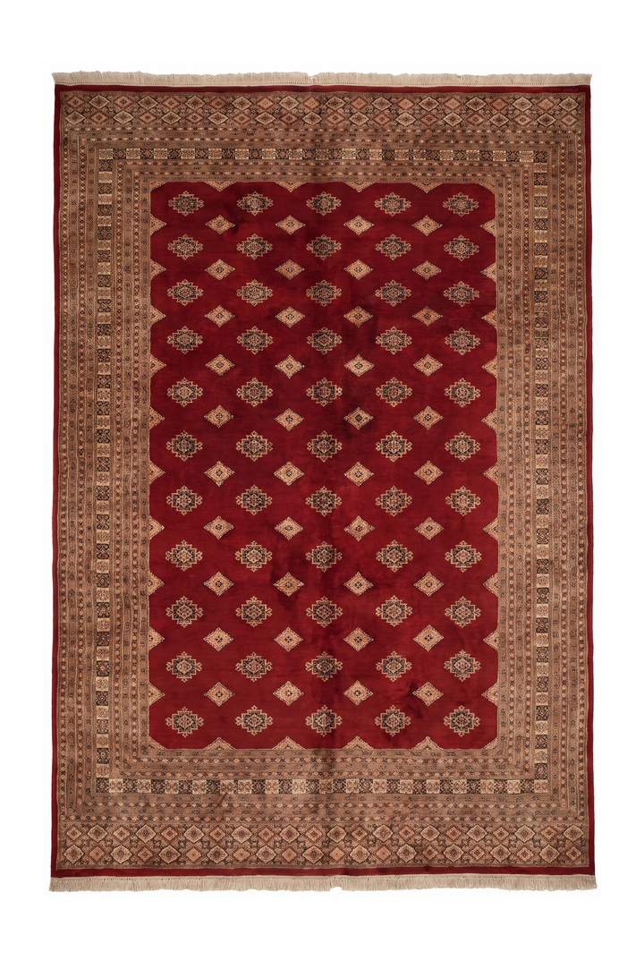 Oxblood and Tan Jaldar Alternating Diamond, Hand-Knotted Wool and Silk Rug