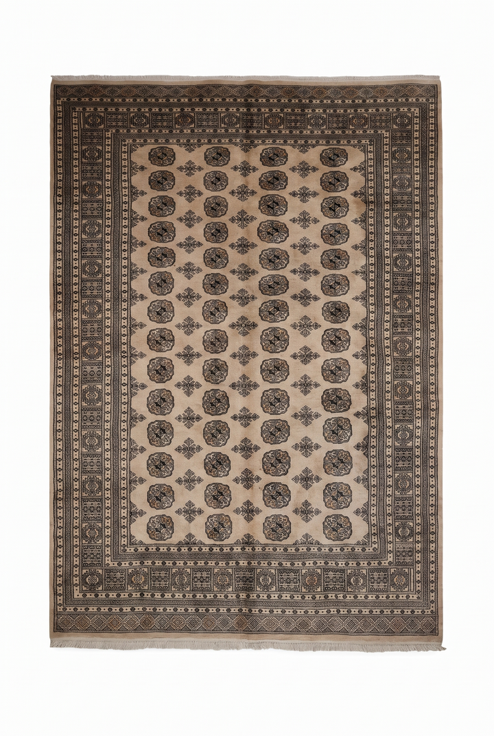 Sand and Espresso Gül and Tree Bokhara, Hand-Knotted Wool Rug