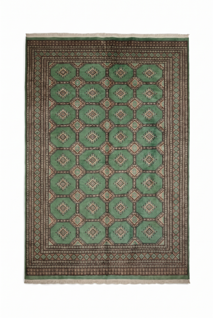 Jade Green and Cream Compartment Bokhara, Hand-Knotted Wool and Silk Rug