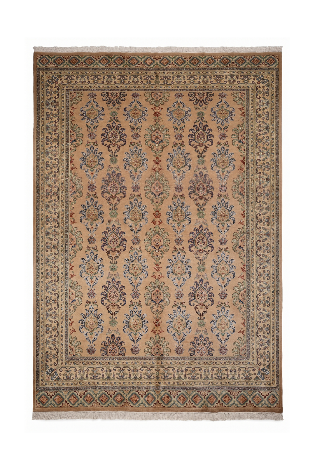 Apricot and Slate Blue Alternating Palmette, Hand-Knotted Wool and Silk Rug