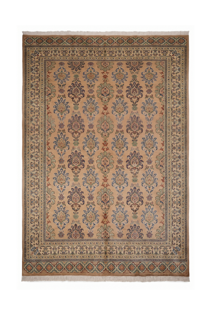 Apricot and Slate Blue Alternating Palmette, Hand-Knotted Wool and Silk Rug