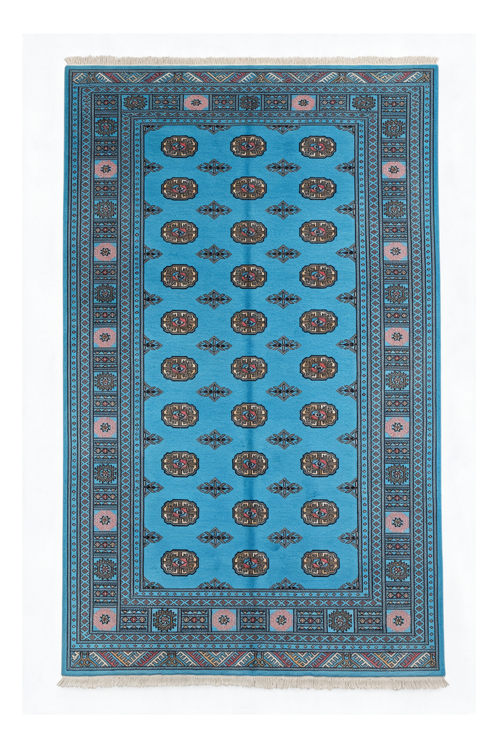 Turquoise and Ivory Turkmen Gül Bokhara, Hand-Knotted Wool Rug