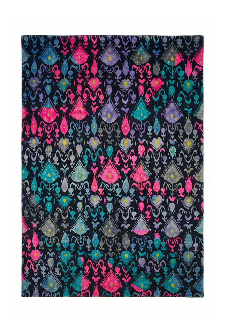 Indigo and Magenta Ikat Ghazni, Hand-Knotted Wool Rug