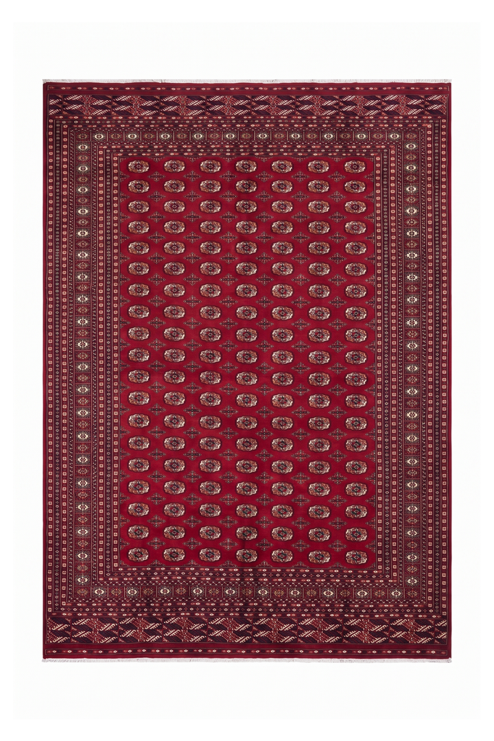 Ruby Red Turkmen Gül Bokhara, Hand-Knotted Wool Rug