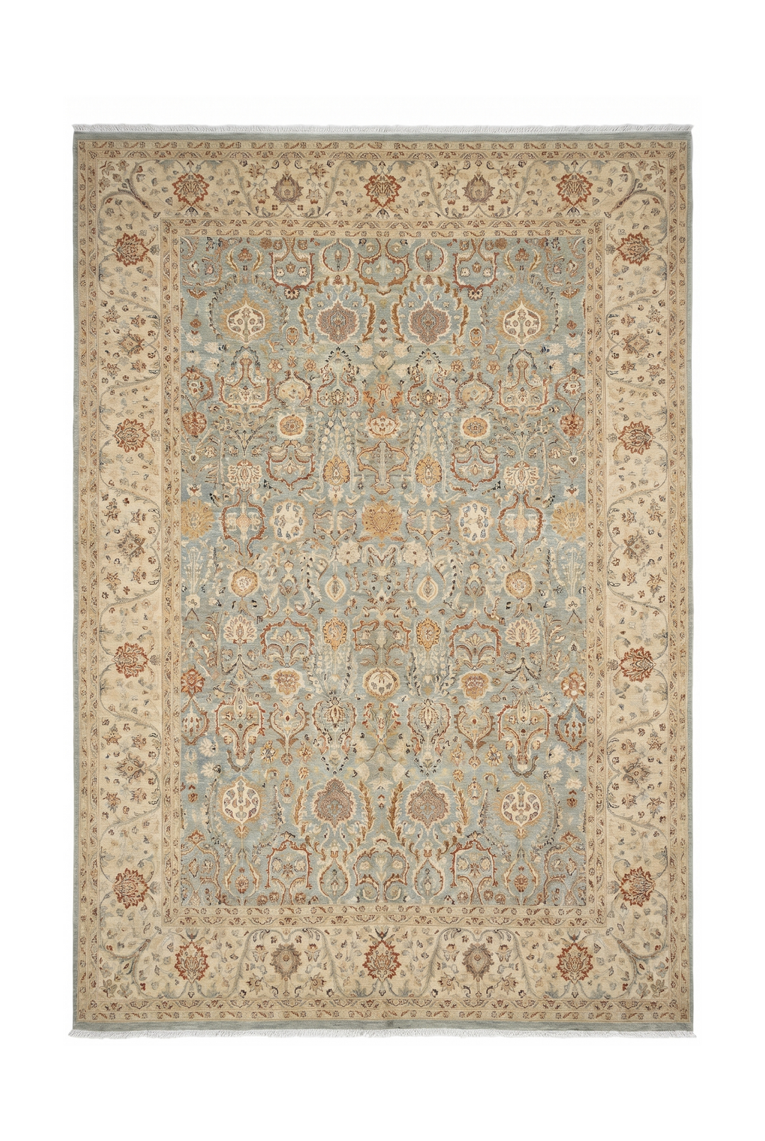 Pale Sage and Sandstone Floral Ghazni, Hand-Knotted Wool Rug
