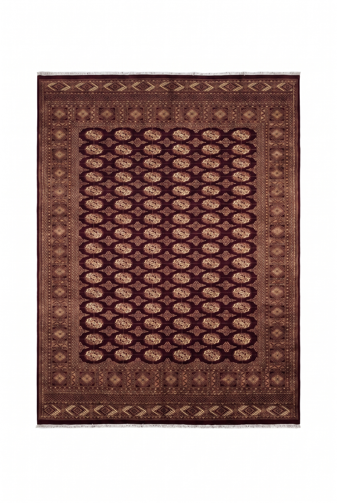 Aubergine and Tan Bokhara, Hand-Knotted Wool Rug